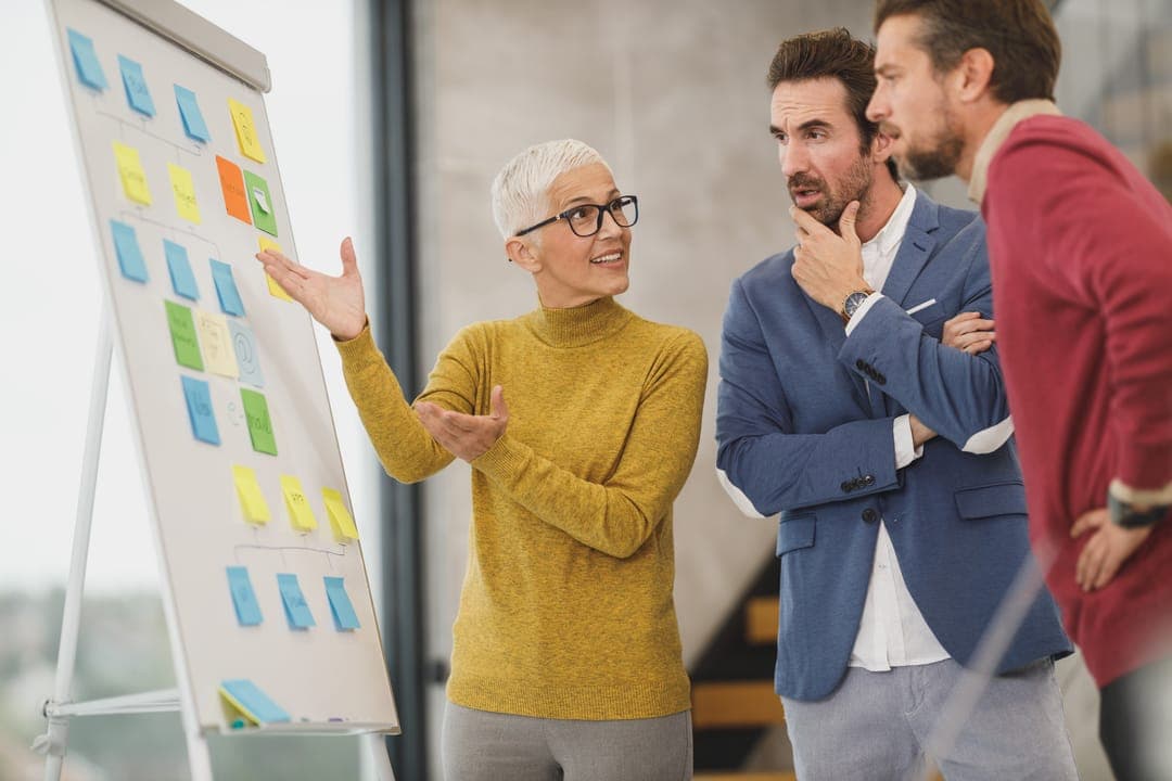 Une équipe devant un tableau couvert de notes adhésives.