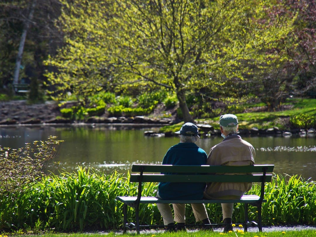 Deux personnes âgées, de dos, assises sur un banc face à un étang.